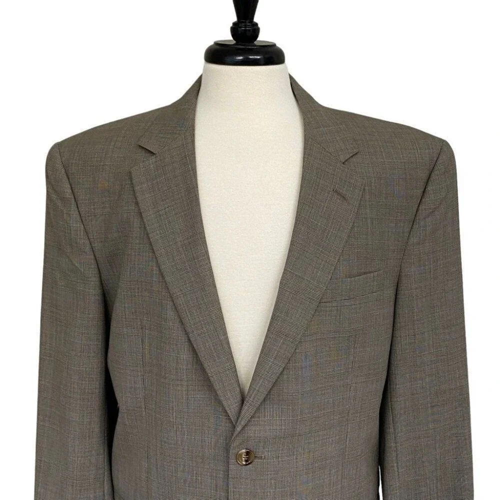 Jos. A. Bank Wool Blazer Men’s 42R Light Brown Blue Plaid Two Button Lined